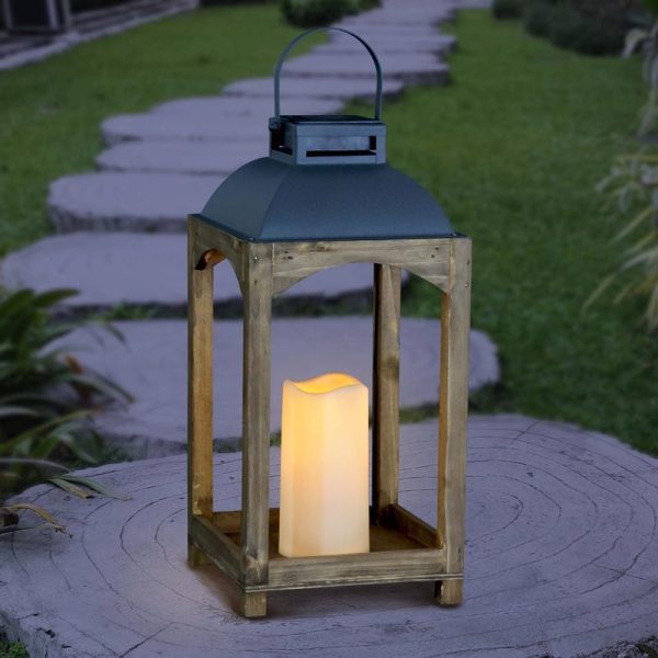 Exhart Metal Wood Brown Solar Lantern Online Sale