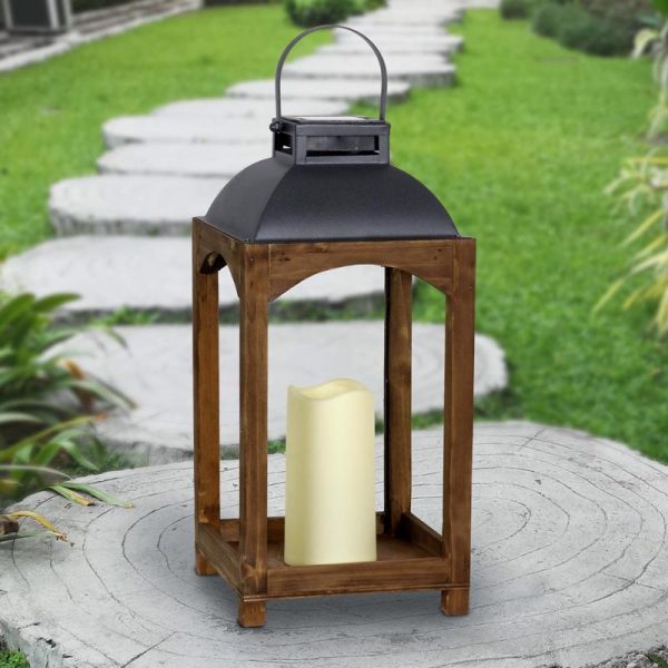 Exhart Metal Wood Brown Solar Lantern Online Sale