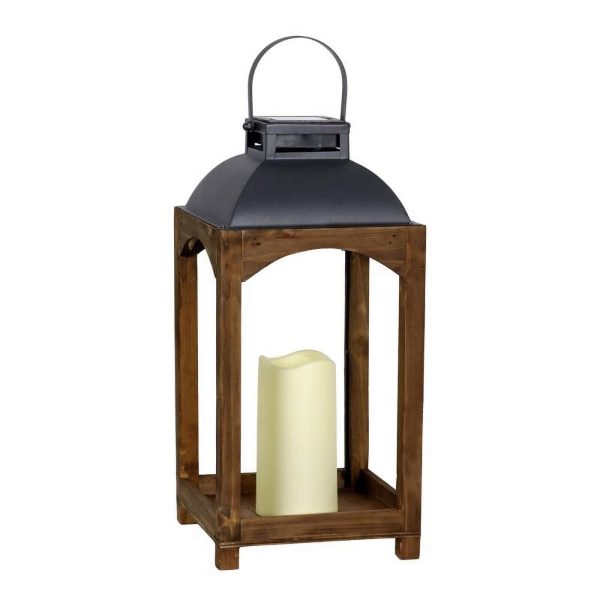 Exhart Metal Wood Brown Solar Lantern Online Sale